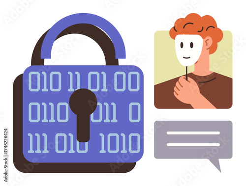 Lock with binary code emphasizes data encryption. Person with mask highlights anonymity, privacy, and cyber identity. Ideal for digital security, fraud prevention, online trust, virtual privacy