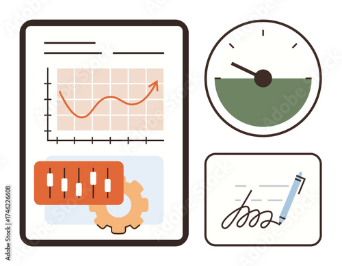 Growth chart with arrows, gauge measuring progress, candlestick graph with gear shape, signed document with pen. Ideal for business, analytics, finance, progress tracking, goal setting strategy