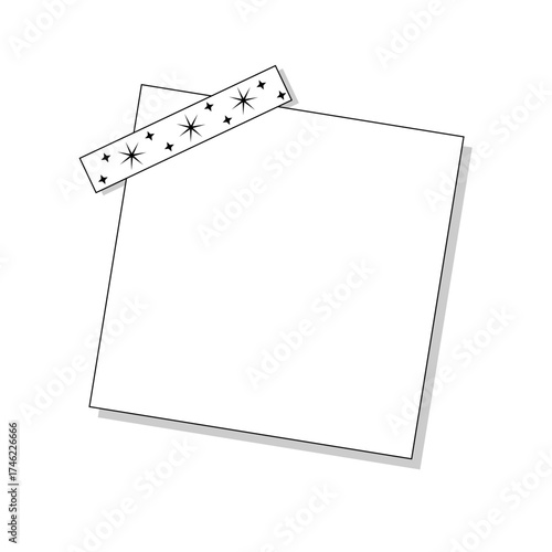 White sheet of paper stuck with  tape. Frame for  greeting or advertising text. Place for  photo or drawing. Single icon isolated on  white background. Flat vector design. Black and white color.