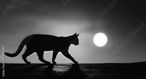 Silhouette of a Cat Walking Against the Light of a Bright, Luminous Sky