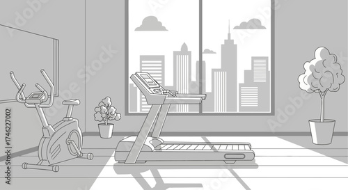 Gym interior with treadmill and exercise bike in minimalist design  