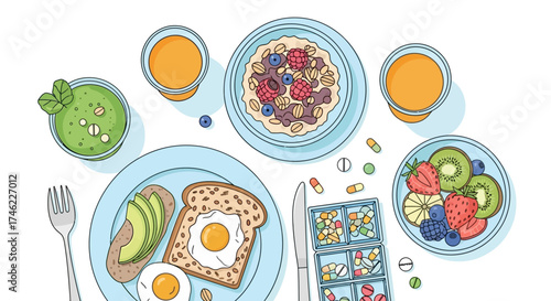 Healthy breakfast spread with fruits, eggs, and smoothies on table  