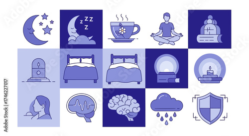 Sleep and wellness icons in calming blue color scheme  