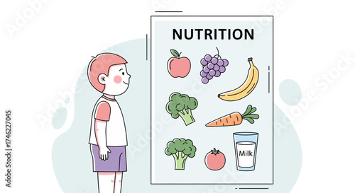 Young boy looking at nutrition poster with fruits and vegetables  