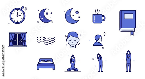 Icons representing bedtime routine and relaxation concepts in blue  