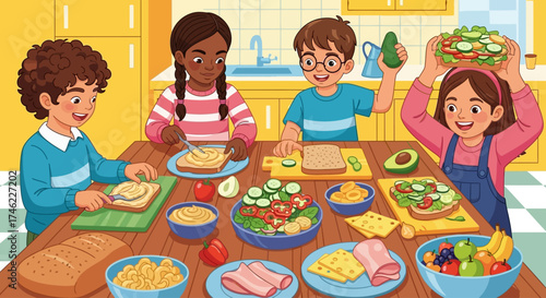 Kids preparing sandwiches together in a colorful kitchen  