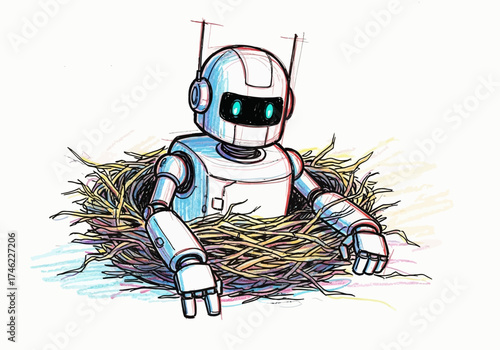 Robot sitting in a nest made of twigs and grass  