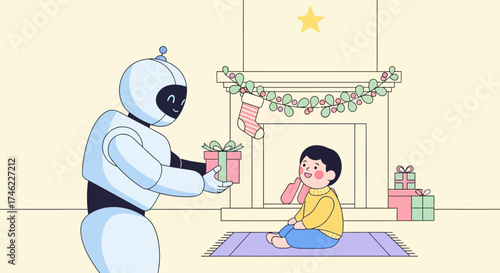 Robot giving Christmas gifts to child sitting by fireplace at home  