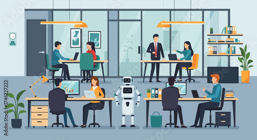 Office workers collaborating with robot in modern coworking space  