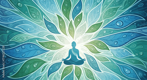 Meditating figure surrounded by vibrant leaf patterns and light  
