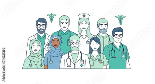 Medical professionals from diverse backgrounds standing together  