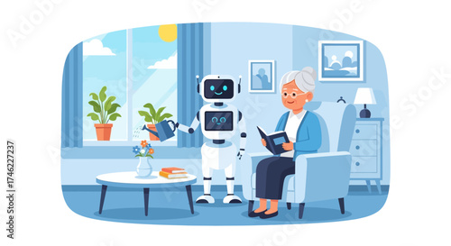 Senior woman reading book while sitting with robot companion indoors  