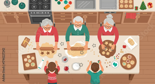 Family baking cookies together in cozy kitchen during holidays  