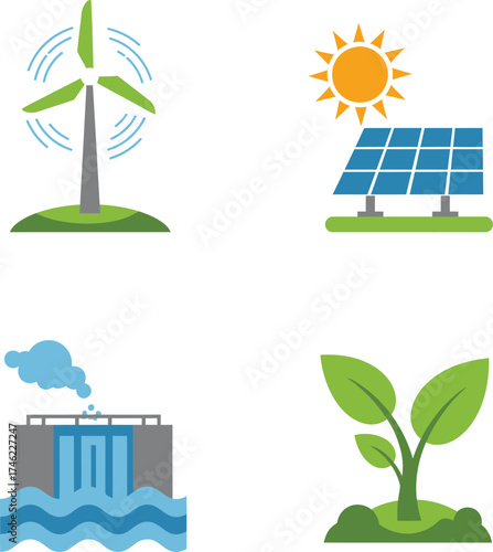Diverse renewable energy sources for sustainable future icons representing wind solar hydro and green growth isolated on transparent background