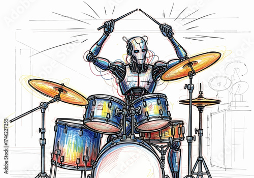 Robotic drummer performing energetically on colorful drum set  