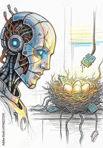 Robot examining glowing eggs in a nest with wires and circuits  