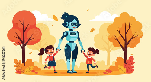 Robot guiding two children while walking in autumn park  