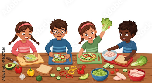 Four children preparing healthy sandwiches with fresh vegetables  