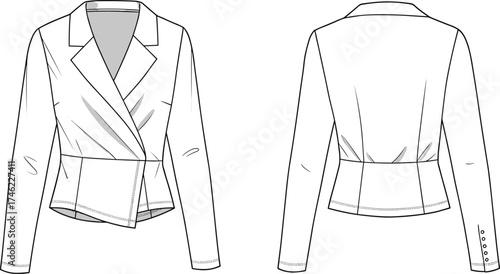 Double-breasted tailored jacket technical fashion sketch, notched lapel asymmetrical hem design, front and back view, cad drawing flat vector illustration