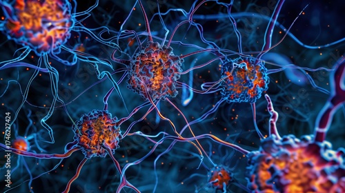 Alzheimer’s Disease. Microscopic medical illustration of brain cells with beta-amyloid protein deposits, tau protein tangles between neurons, cellular detail, scientific accuracy
