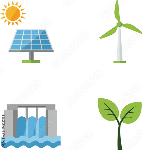 Renewable energy icons including solar wind hydro and plant symbols for green power isolated on transparent background