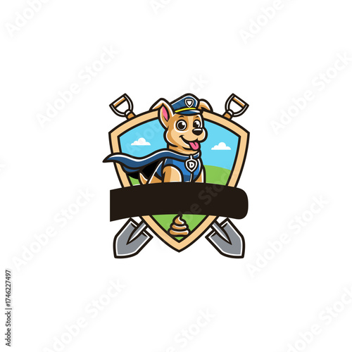 Cartoon Dog Character in Superhero Costume with Shield and Shovels