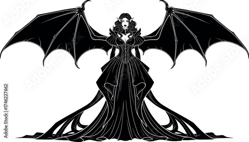 Gothic winged female figure in dark gown, symmetrical fantasy illustration with crown, bat wings, regal pose, perfect for horror, myth, and magic themes