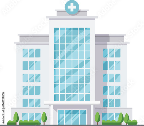 Modern hospital building facade with greenery and blue glass windows and cross symbol isolated on transparent background