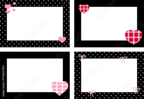 Cute rectangle black frame set, polka dot pattern with hearts and ribbons for Valentine's Day, decoration, polaroid photo, ad template, social media post, poster, book cover, notepad, sticky note