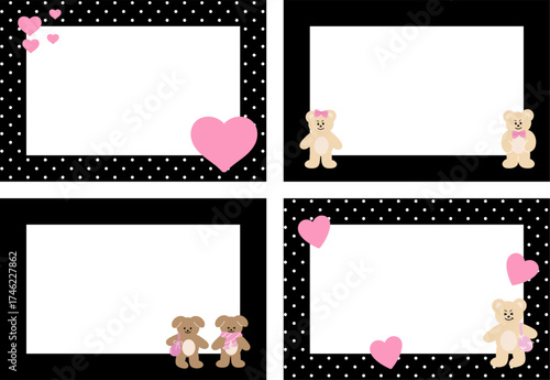 Cute rectangle black frame set, polka dot pattern with puppy, teddy bear, hearts for animal print, decoration, polaroid photo, ad template, social media post, poster, book cover, notepad, sticky note