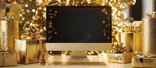 pc or laptop on Christmas background