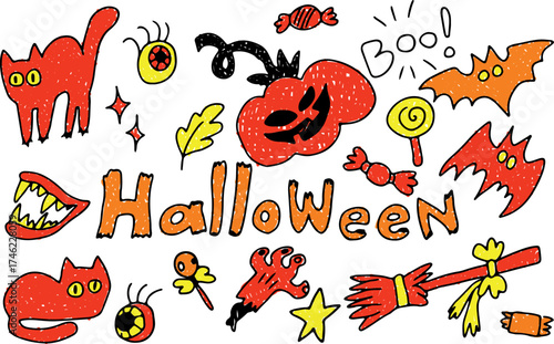 Halloween orange and yellow icon shape set.Cute cat, pumpkin,hand,broom,candy.Drawn with grunge curved lines. olored drawing. Autumn stickers.Perfect for greeting card, party invitation, poster.