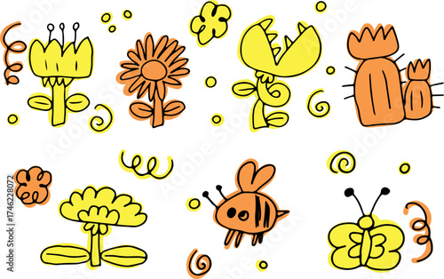 Kid style hand drawn orange and yellow cute flower, bee, butterfly. Doodle summer element set. Vector garden cute element set. Drawn with grunge curved lines. Brightly colored drawing. 