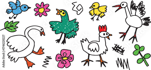 Kid sketch cute baby doodle summer element set. Bird, chicken, swan, stork toy cartoon elements. Colored drawn with grunge curved lines. Brightly drawing. Vector illustration