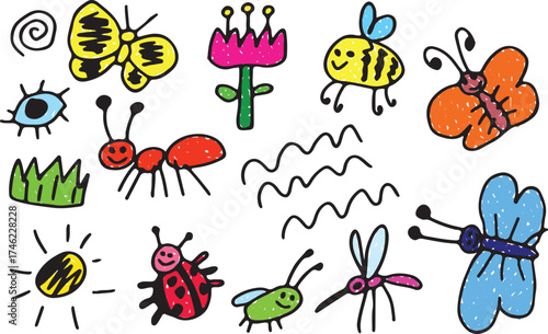 Kid sketch cute baby doodle summer element set. Butterfly, eye, flower, grass, ladybug, beetle, mosquito, bee toy cartoon elements. Colored drawn with grunge curved lines. Brightly drawing.