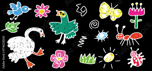 Kid sketch cute baby doodle summer element set. Swan, bird, ant, ladybug, flower, sun, butterfly cartoon elements. Colored drawn with white curved lines in grunge style. Black background