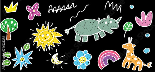 Kid sketch cute baby doodle summer element set. Sun, rhinoceros, flower, giraffe, tree, moon toy cartoon elements. Colored drawn with white curved lines in grunge style. Black background. 