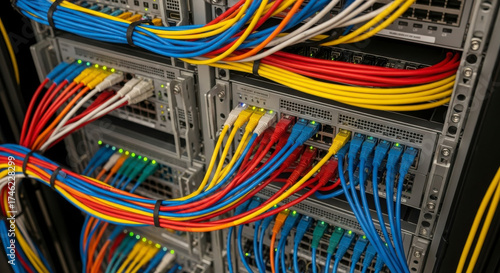 Organized network cables in server rack showing intricate connections and color coding