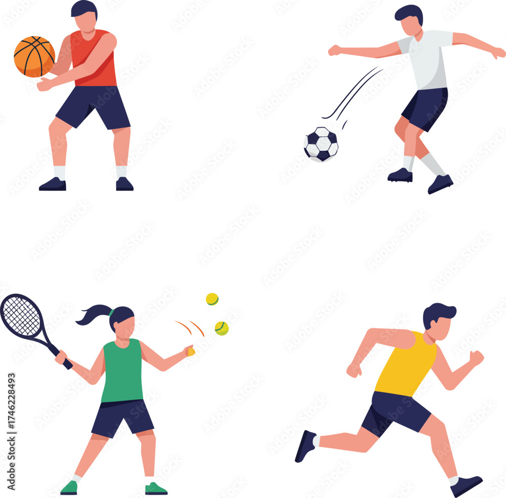 Fototapeta premium Dynamic sports people illustrations set action figures athletes playing football tennis basketball running isolated on transparent background