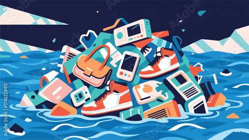 Illustration Of Pile Of Discarded Trend-Related Sinking Into A Sea Of Oblivion Vector Design Template