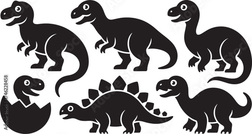 Cute Baby Dinosaur Silhouette Vector Set: Prehistoric Animal Icons Including T-Rex, Stegosaurus, and Hatchling

