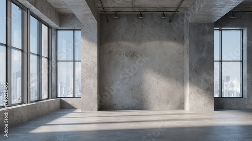 Modern loft apartment with concrete walls and expansive windows offering urban cityscape views.