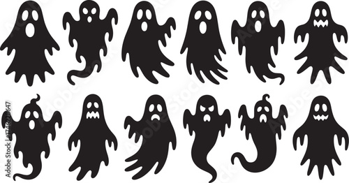 Spooky Halloween Ghost Silhouette Vector Set: Scary and Cute Phantom Characters Collection for Trick or Treat Design

