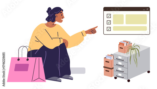 Woman pointing at a checklist beside file cabinets, potted plant, and shopping bag. Ideal for organization, productivity, task management, goal tracking, office planning, workplace strategy simple