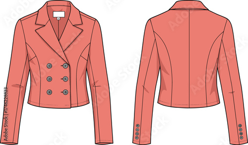 Double-breasted blazer technical sketch, front and back view, tailored jacket design, cad drawing flat vector illustration