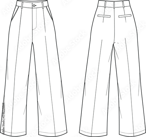 High waist wide leg trousers technical sketch, front and back view, fashion flat, garment construction, cad drawing flat vector illustration