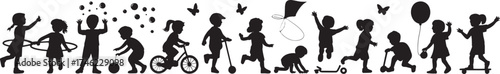 Collection of Happy Children Playing Silhouette Vector Set: Kids Enjoying Outdoor Activities, Sports, and Fun Games

