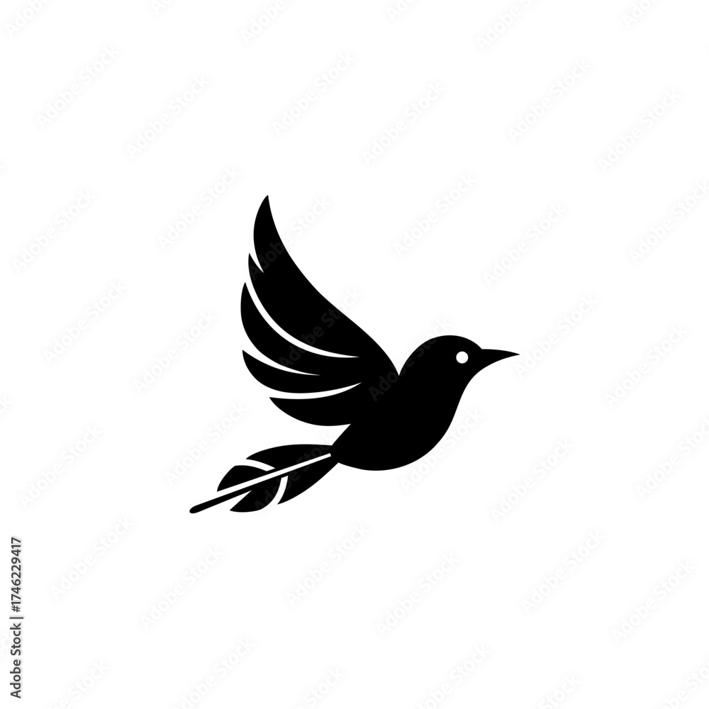Obraz premium Elegant Black Bird Silhouette in Flight with Detailed Wing Feathers