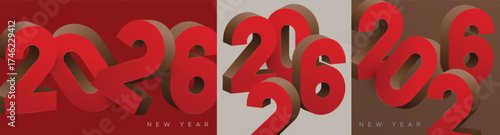 Elegant 3D red numbers 2026 with bold depth and shadow on minimalist background, perfect for New Year greeting, corporate celebration, or modern festive banner design.