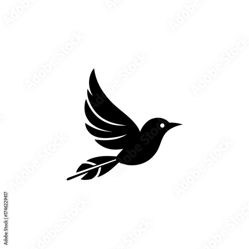 Elegant Black Bird Silhouette in Flight with Detailed Wing Feathers